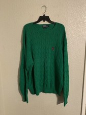 Polo Ralph Lauren Crew Neck Green Cotton Cable-Knit Sweater Golf Sz XL Pre-Owned
