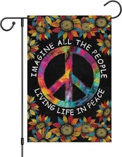 Rainbow Peace Sign Garden Flag 12x18 Inch Vertical Double Sided, Burlap Sunfl...