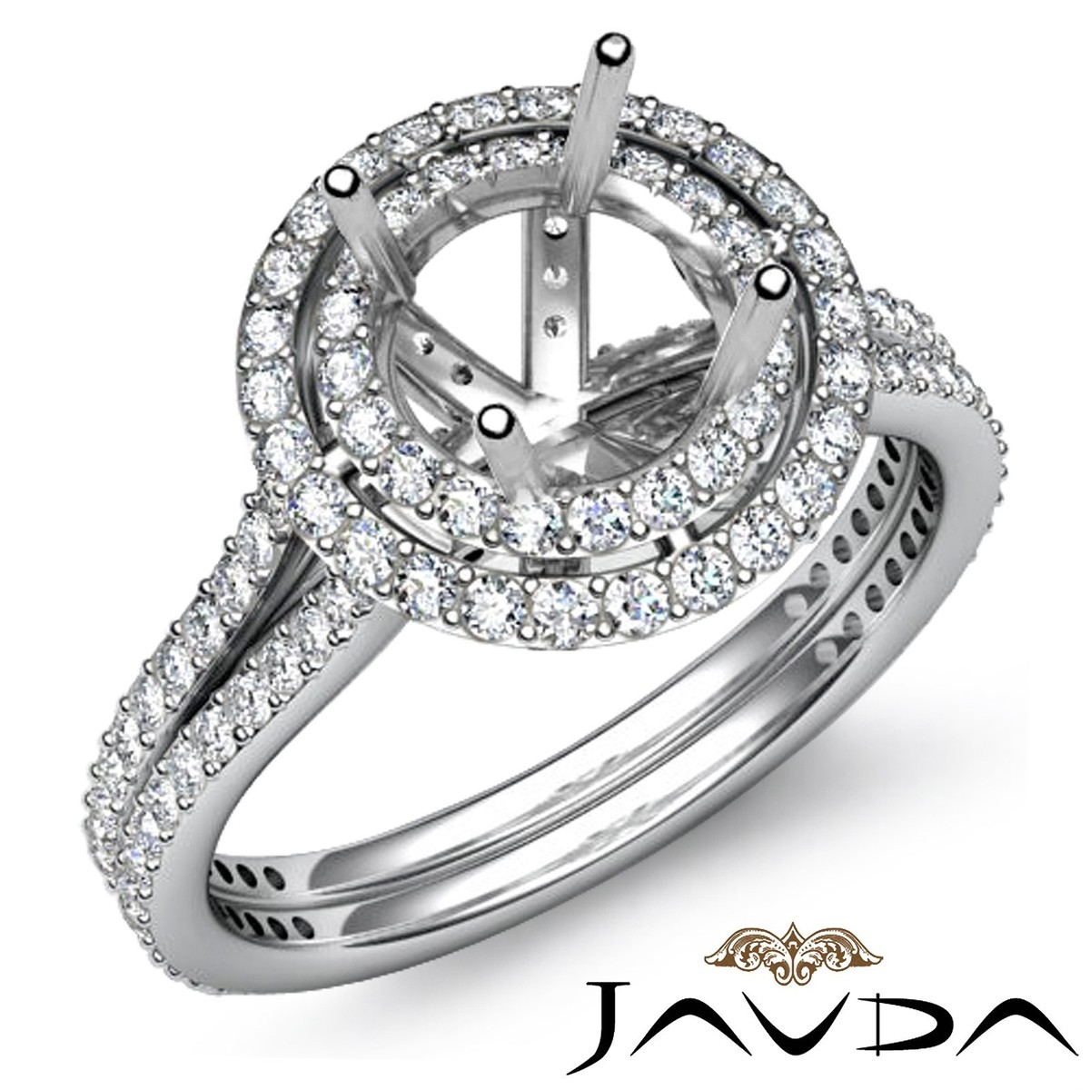 Row Halo Prong Semi Mount Round Diamond Engagement Ring Platinum