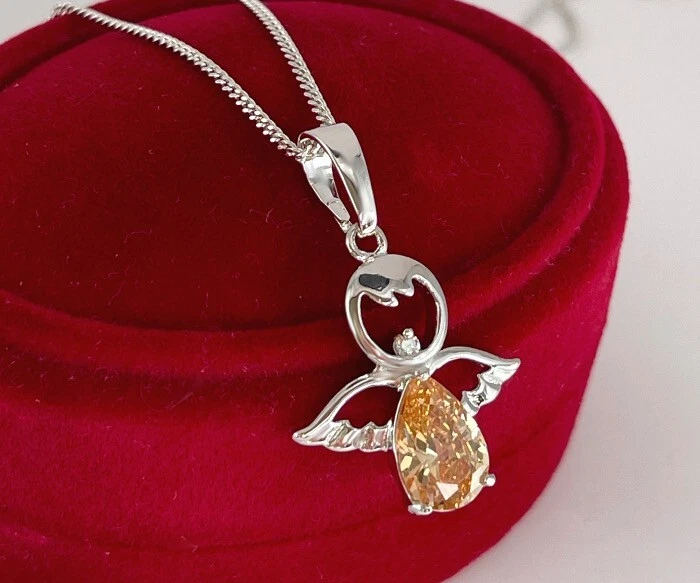 Edel Halskette Engel Herz Anhänger Zirkonia Kristall 18K Weißgold vergoldet - Bild 3 von 4