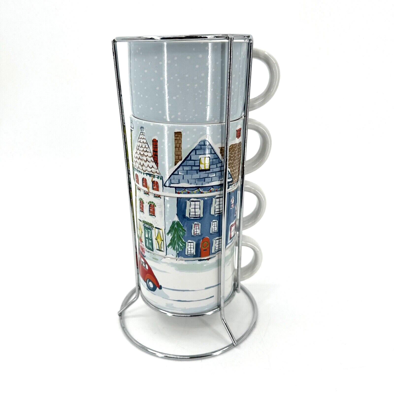 Pier 1 Imports Mug Set + Rack Coffee Cocoa Winter Holiday Christmas Stoneware