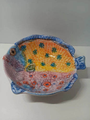 Vtg Italica Ars Fish Floral Ceramic Bowl Hand Painted Italian Art Pottery: 7"