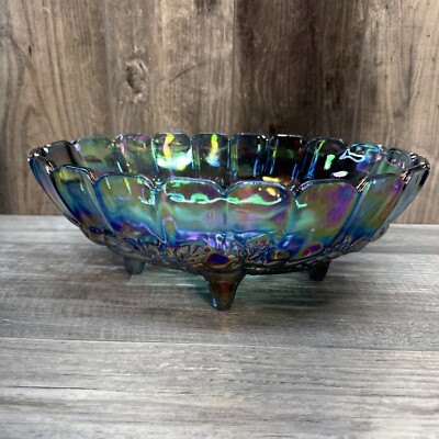 Indiana Glass Carnival Glass Blue Iridescent Footed Oval Center