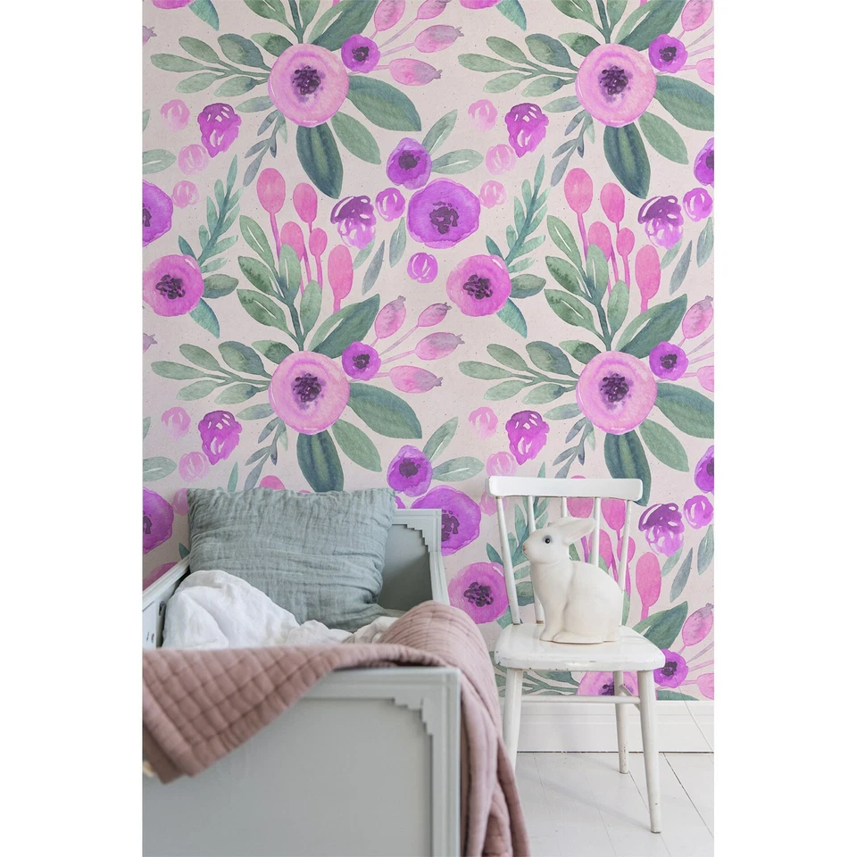 Papel Pintado Extraíble Floral Rosa y Púrpura Acuarela Flores Patrón Decoración Foto 2 de 4