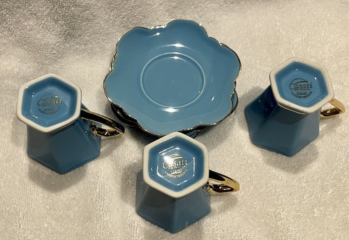 Casati Fine Porcelain Teal Demitasse Cup & Scalloped Saucer Set Of 3 Rare - Picture 4 of 7