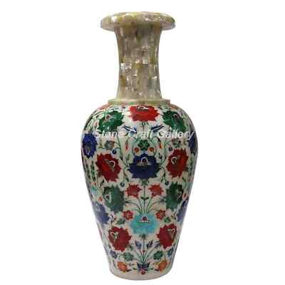 15'' Marble Vase Semi Precious Stone Inlay Work Unique Flower Vase for Home Decor