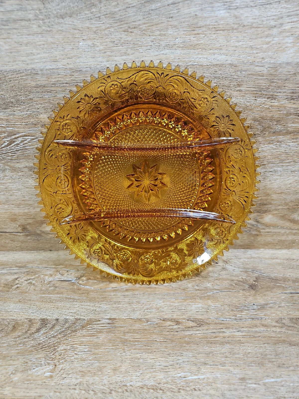 Amber Tiara Indiana Sandwich Glass Starburst 12” Divided Relish Serving Dish Vtg