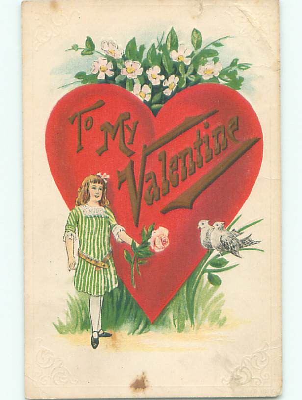 Romantic Valentine Card Girl Offering Rose to Doves 60k Unused k9439