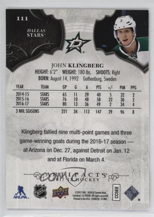 2017-18 Upper Deck Artifacts Stars Orange /55 John Klingberg #111 - Image 2 of 2