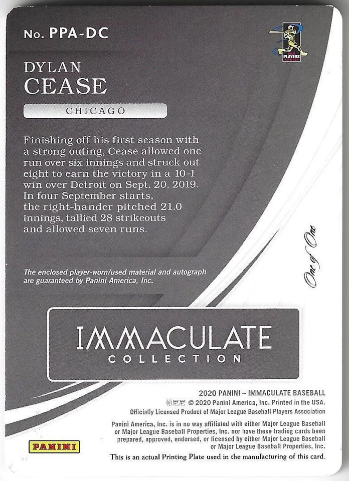 2020 Panini Immaculate #PPA-DC Dylan Cease Patch Autographs Printing Plates 1/1 - Image 2 of 2