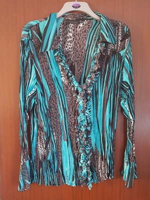 Antonino Philosophy Turqoise & Leopard Print Blouse Shirt Size 24 EU 50 Polyeste