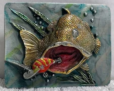 Bergamot Brass Works Belt Buckle Embossed Bass and Lures 3"