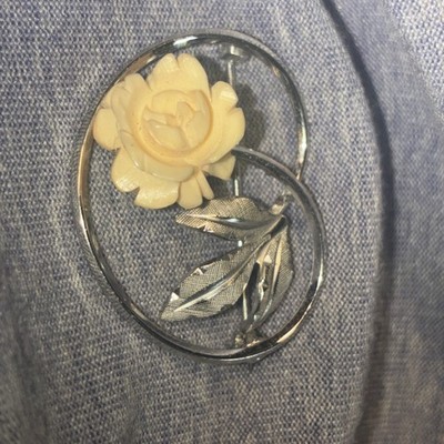Vintage Sterling Silver Van Dell White Rose Pendant White