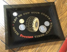 Firestone Tire Service Let Us Cut Your Tire Cost Glass Trinket Dish Tray 1960&rsquo;s