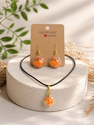 Handmade Schmuckset Kette & Ohrringe mit Anhänger Glas Tropfen Orangenscheiben