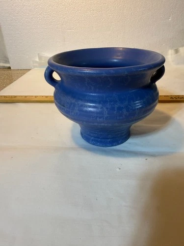 Vtg RumRill 1930's Blue Glazed Double Elephant Handle Vase Antique Red Wing 215