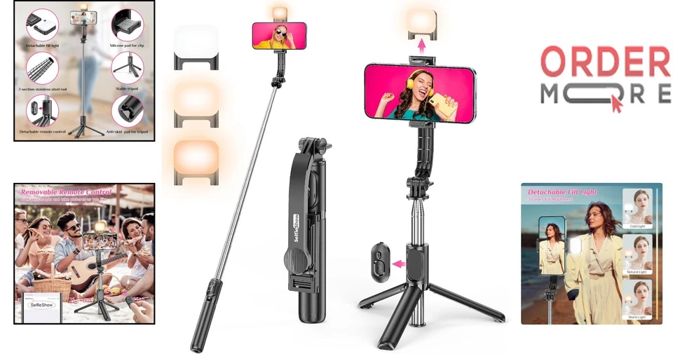 Trípode palo selfie con luz de relleno extensible inalámbrico remoto soporte para teléfono Foto 2 de 4
