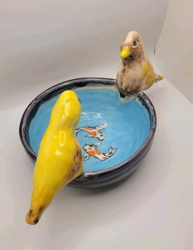 Handmade Artisan Ceramic Pottery Bird Feeder Bath Planter Yellow Koi Birds