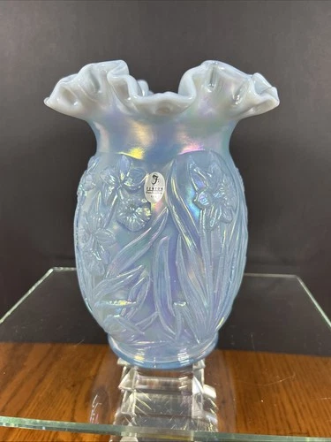 Fenton Blue Daffodil Vase Iridescent Opalescent Crimped Ruffled Rim 8" x 5" EUC