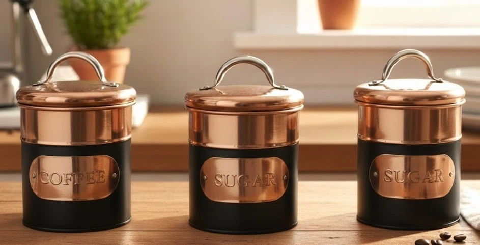 Tea Coffee Sugar Copper and Black Stainless Steel Caddy Set Canisters Jars kitch
Opens in a new wind