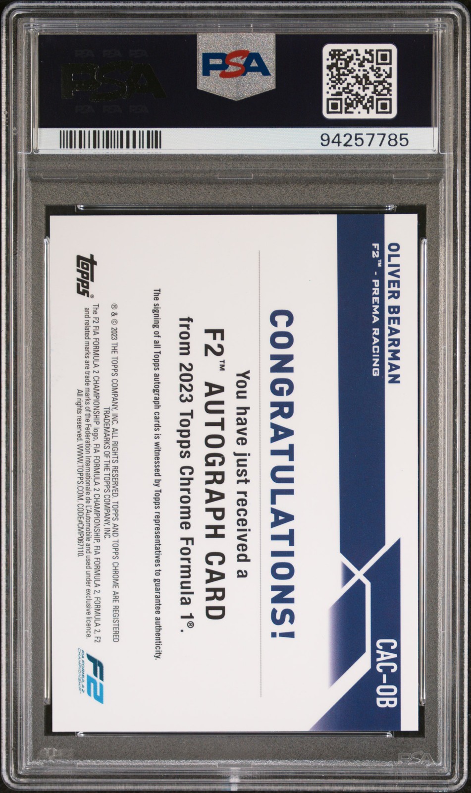 2023 TOPPS CHROME FORMULA 1 CHROME AUTO #CACOB OLIVER BEARMAN PSA 9 view 2