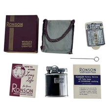 Vintage Ronson Princess Lighter Chrome with Box, Pamphlets, Holder, Pin, Flints