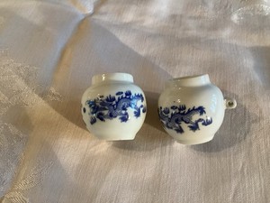 2 Vintage Antique Oriental Ceramic Bird Feeder Bowls white and blue