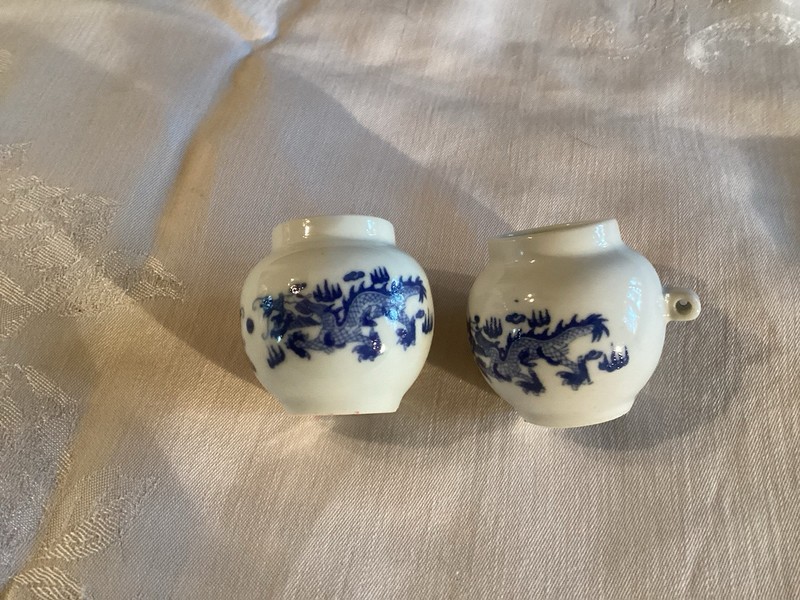 2 Vintage Antique Oriental Ceramic Bird Feeder Bowls white and blue