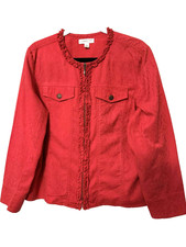 Women  s Coldwater Creek Jacket Large Cotton Spandex Red Brocade Ruffles