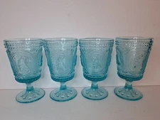 Set of 4 Table Home Bunny Rabbit Goblet Glasses Blue Hobnail Spring Easter