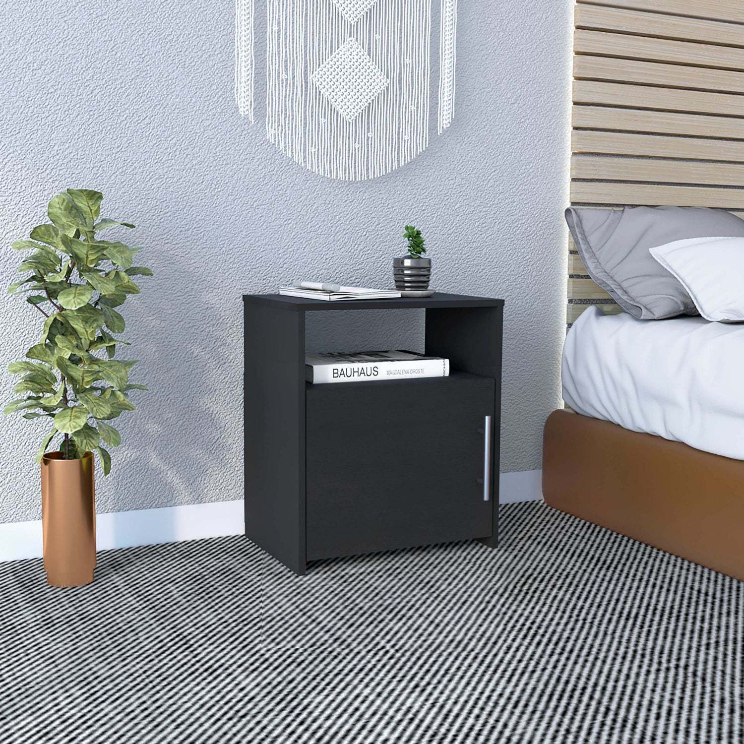 Modern Black Nightstand with Storage Cabinet and Shelf-image