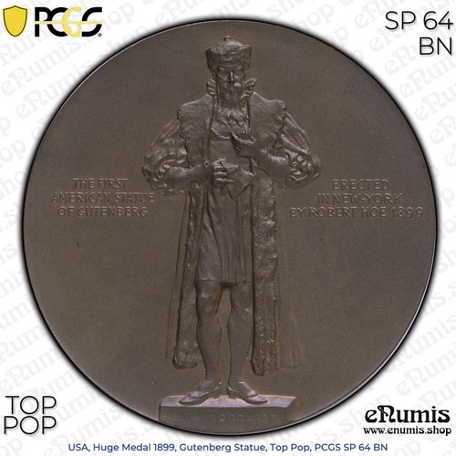 EE. UU., Gran Medalla 1899, Estatua de Gutenberg, Top Pop, PCGS SP 64 BN - Imagen 4 de 8
