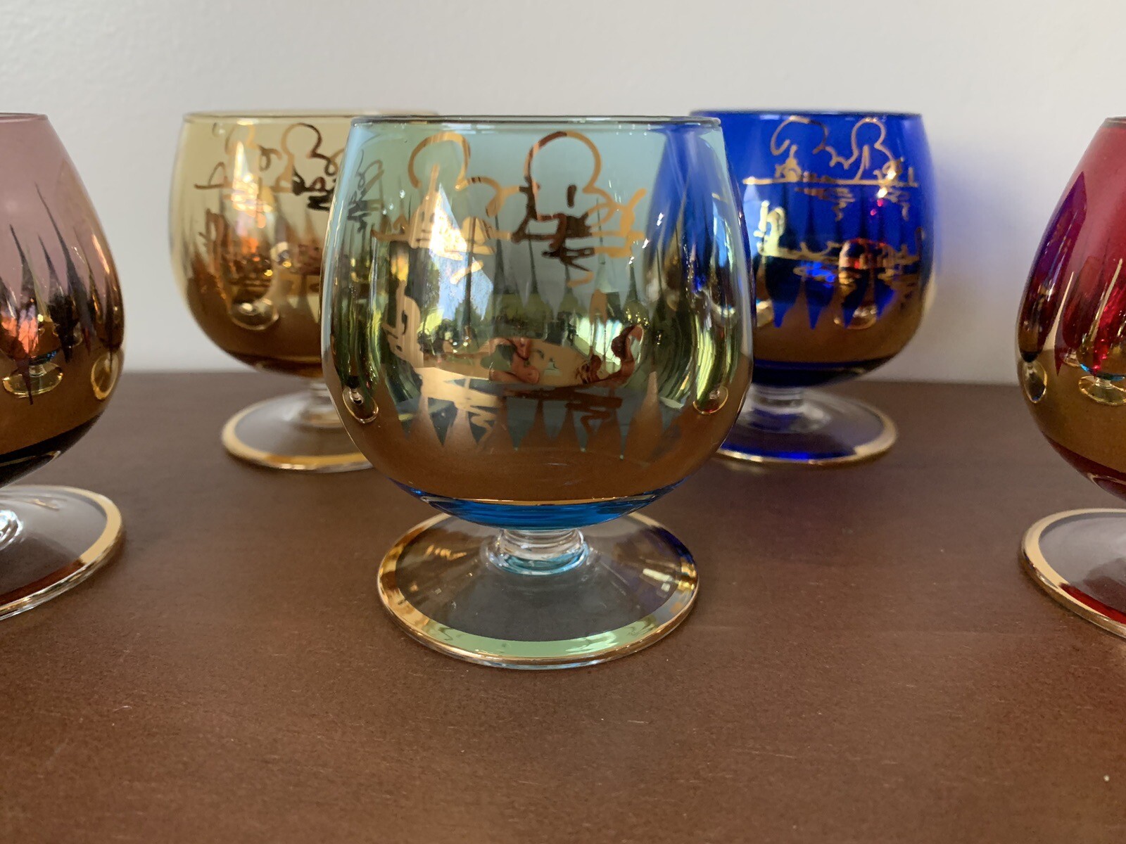 Unique Set 5 Multi Colored Jewel Tones Gold Cognac Brandy Snifters 3” Glasses eBay