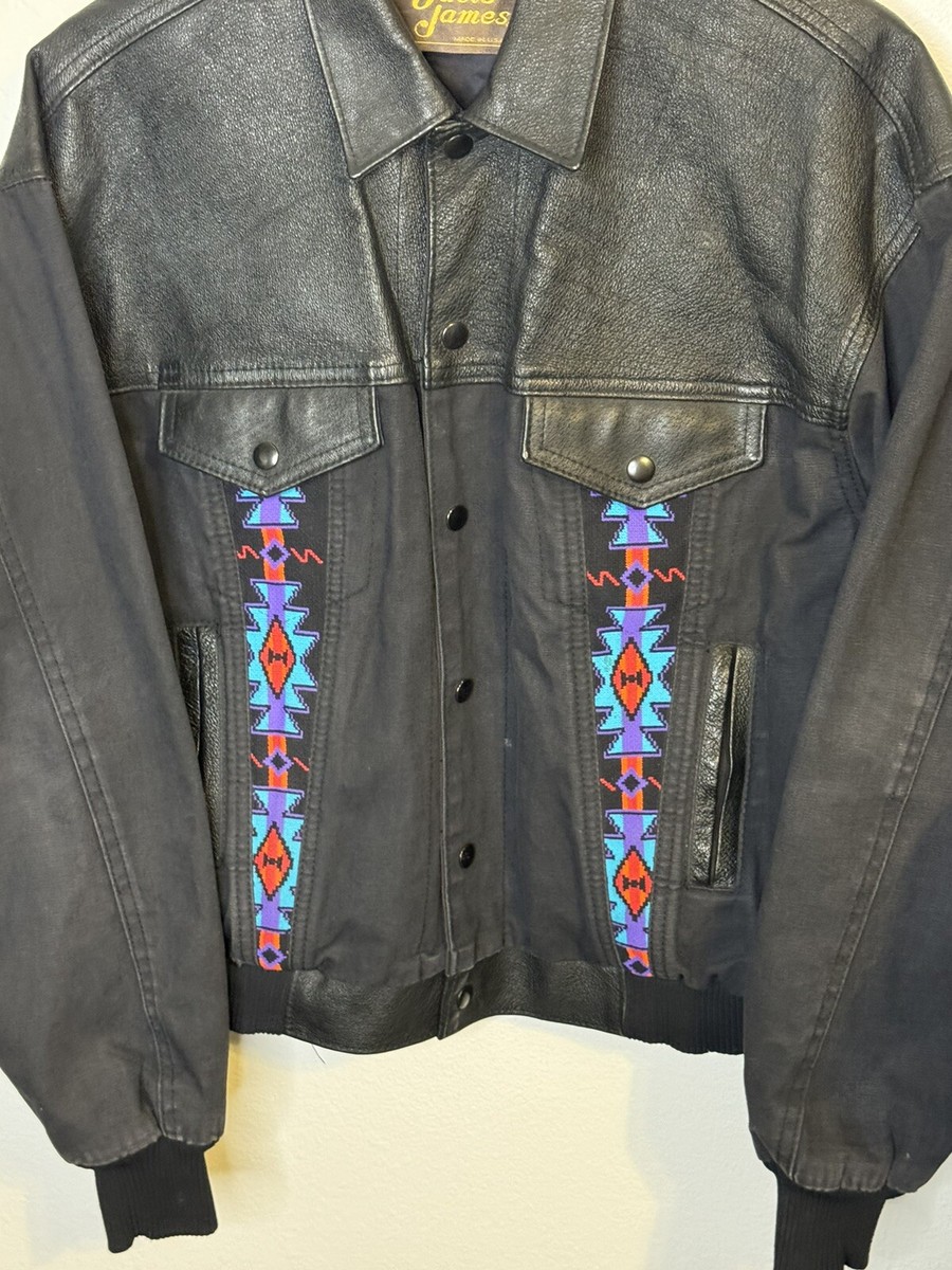 Vintage 80's David James Aztec Native Leather/Canvas Jacket Size