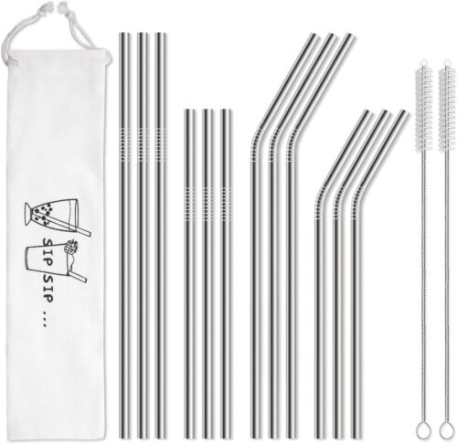 Hiware 12-Pack Reusable Stainless Steel Metal Straws with Case - Long Drinking S