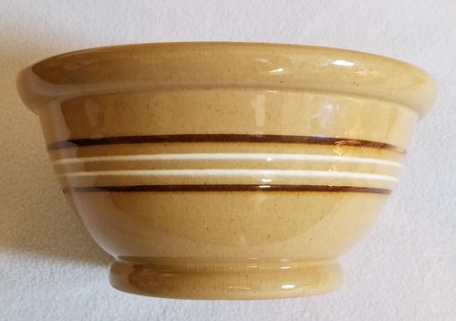 19th Century American Yellow Ware Mixing Bowl Brown & White Mocha Stripes 9-1/4" - Picture 2 of 19