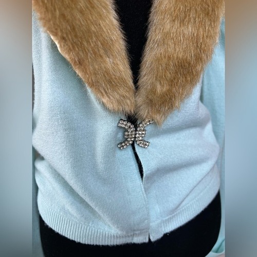 Vintage Spiegel faux fur trim pinup long sleeve cardigan rhinestone detail small - Picture 3 of 11
