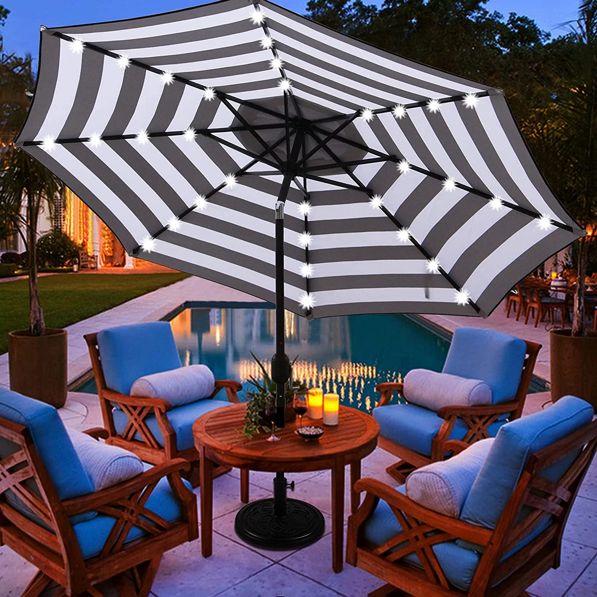 9 Ft Solar Umbrella 32 LED Lighted Patio Umbrella Table Market Black and  White | eBay