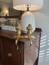 Vintage Heavy Brass Santa Christmas Stocking Hangers, Long Arm, PAIR