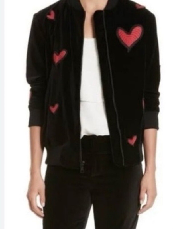 33 Alice + Olivia Embroidered Heart Velour Velvet Bomber