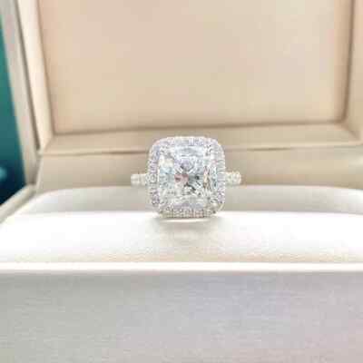2.50CT Cushion Cut Moissanite Halo Wedding Engagement Ring 14K White Gold Plated