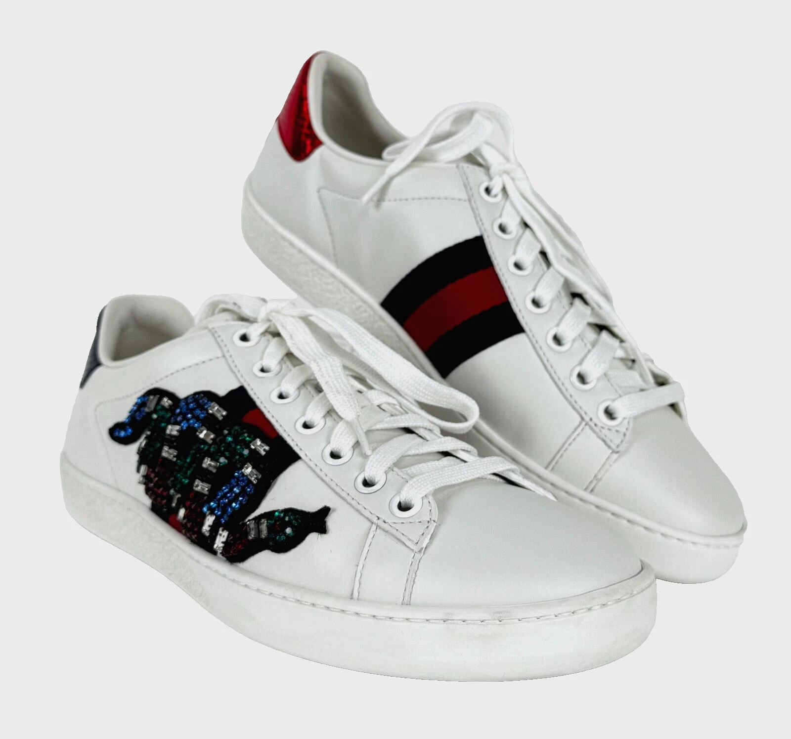 Baskets Gucci neuves authentiques femmes 5,5 US 35,5 EU cuir blanc cristaux serpent chaussures