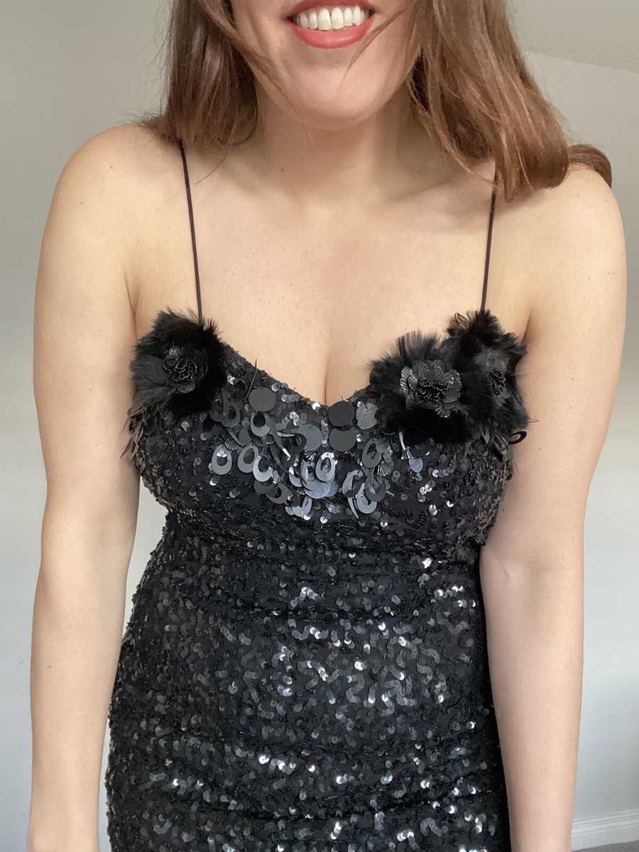 Vintage BNWT Deadstock Frank Usher Black Sequin Body Con Dress Party Size 10