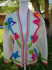 Vintage 80s Cristina Knit Cardigan Colorful Geometric Made In Korea 