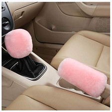 2Pcs Set Soft Fluffy Auto Gear Shift Knob Cover Handbrake Grip Cover/ Pink