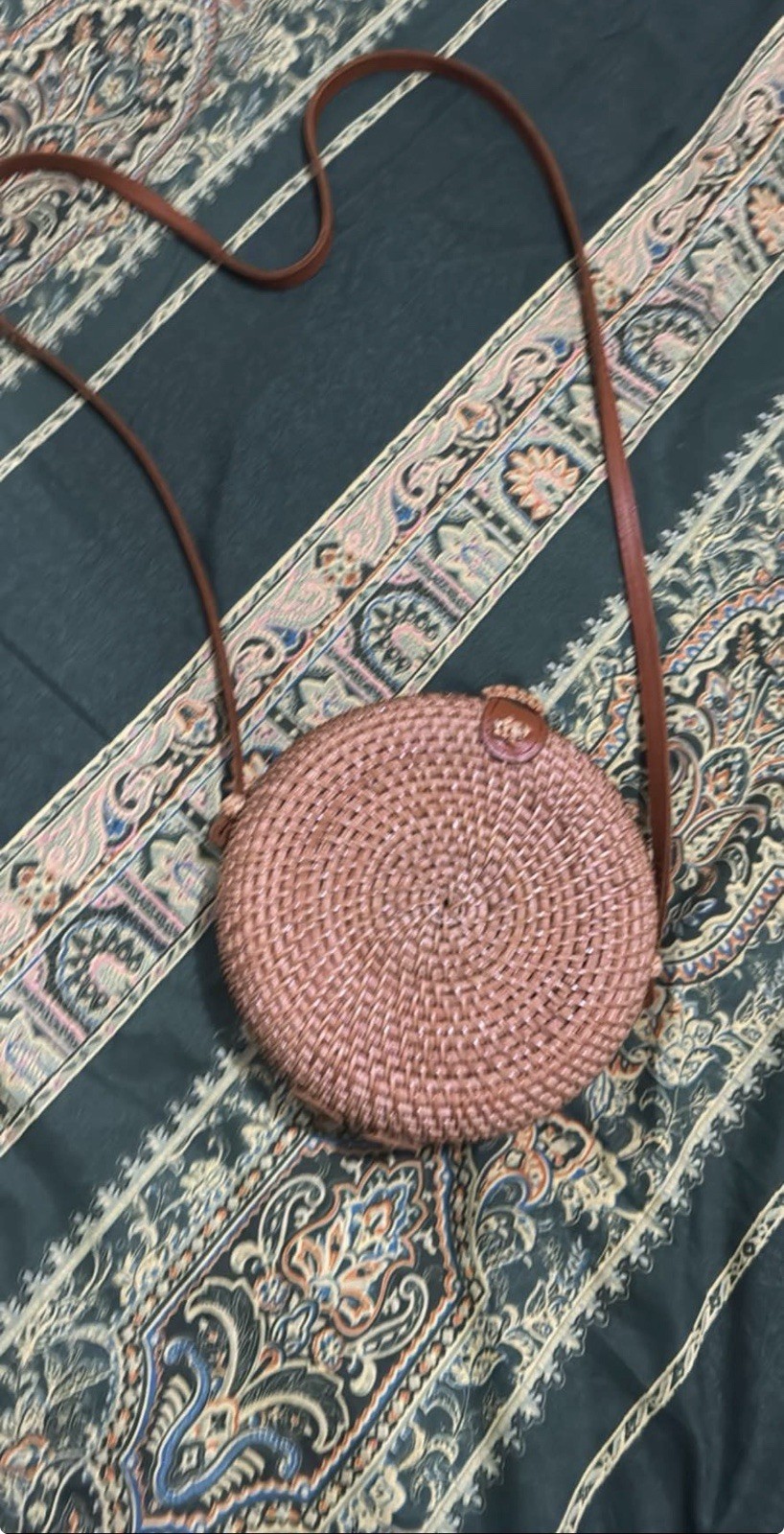 Brown Round Woven Straw Crossbody Bag with Button Closure Bohemian Casual