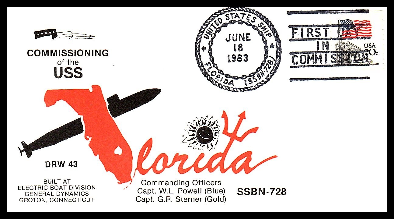 USS FLORIDA SSBN-728 FIRST DAY IN COMMISSION JUN 18 1983 NAVAL CACHET BX2