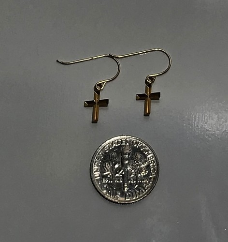 14k Yellow Gold Delicate Petite Cross Dangle Earrings - Picture 12 of 13