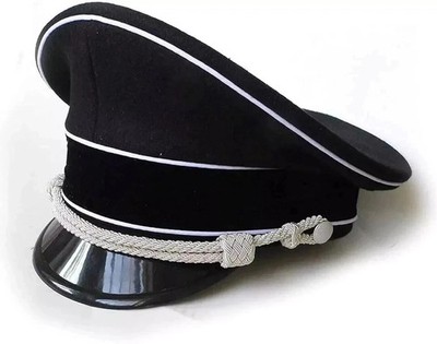 WW2 German SS Officer Visor Cap Black Crusher Hat with Silver Piping