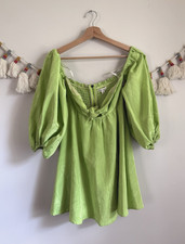 For Love & Lemons Saint Lucia Green Bow Front Puff Sleeve Mini Dress Feminine XS
